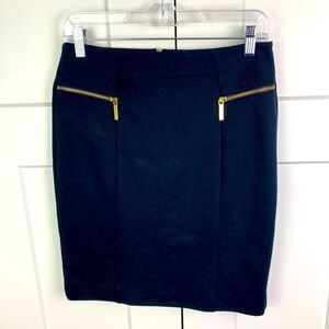 Michael Kors Size 6 Navy Stretch Knit Skirt Gold Exposed Zip office siren